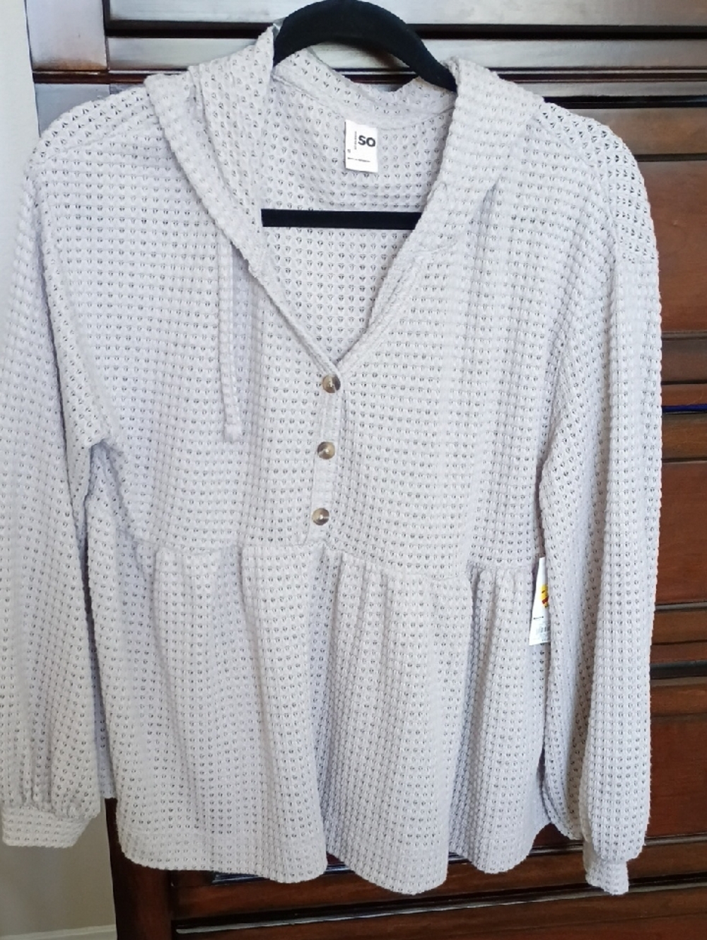 SO Hooded Waffle-Knit Peplum Button Top